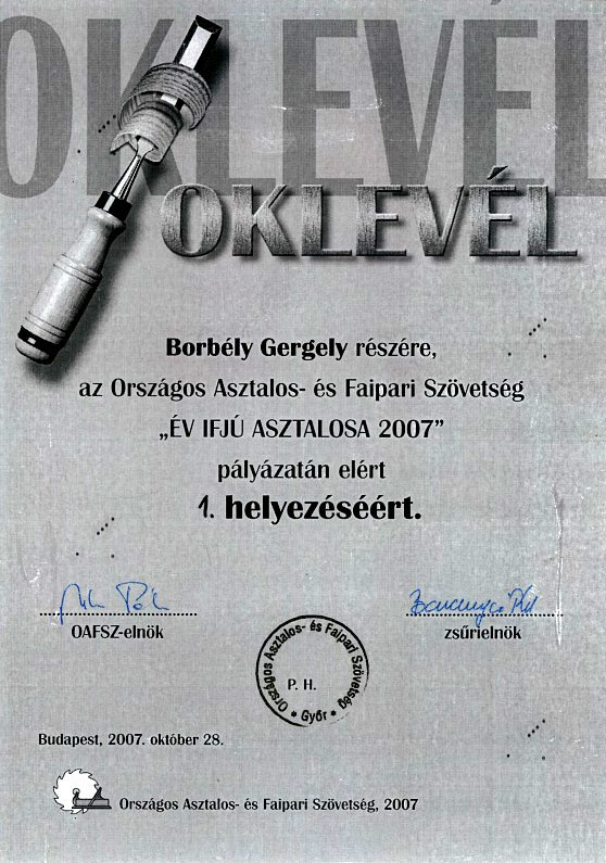 OAFSZ első díja, az „Az Év Ifjú Asztalosa” megtisztelő cím